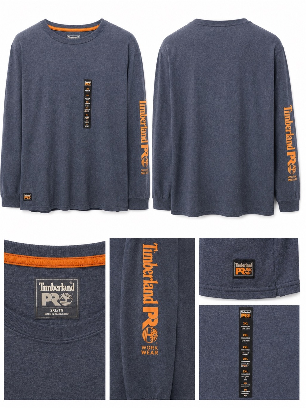 Timberland PRO Navy Long-Sleeve Crewneck Shirt with Orange Sleeve Logo